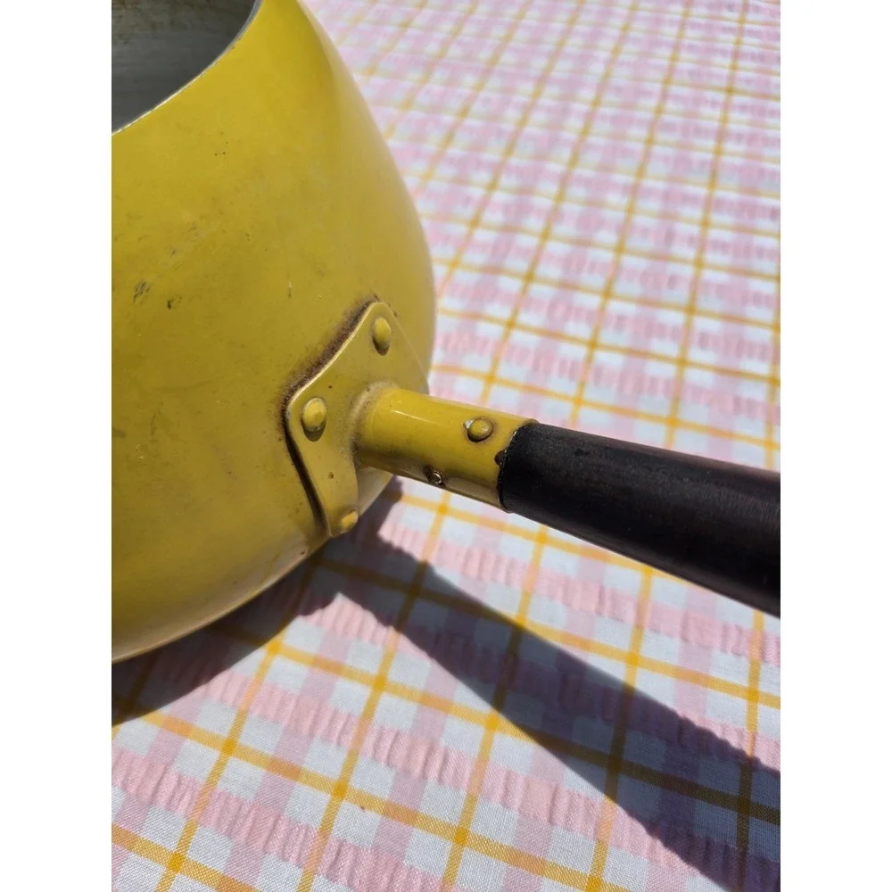 Vintage MCM Mustard Yellow Fondue Pot w Wood Handle Made in Japan 12